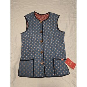 Ratan Jaipur Handmade Reversible Quilted Vest Cotton 11Y Blue Coral India Pocket